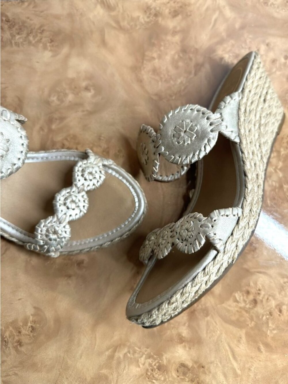 Jack Rogers Gold Leather Whipstitched Rondelle Espadrille Wedge Sandals 8M